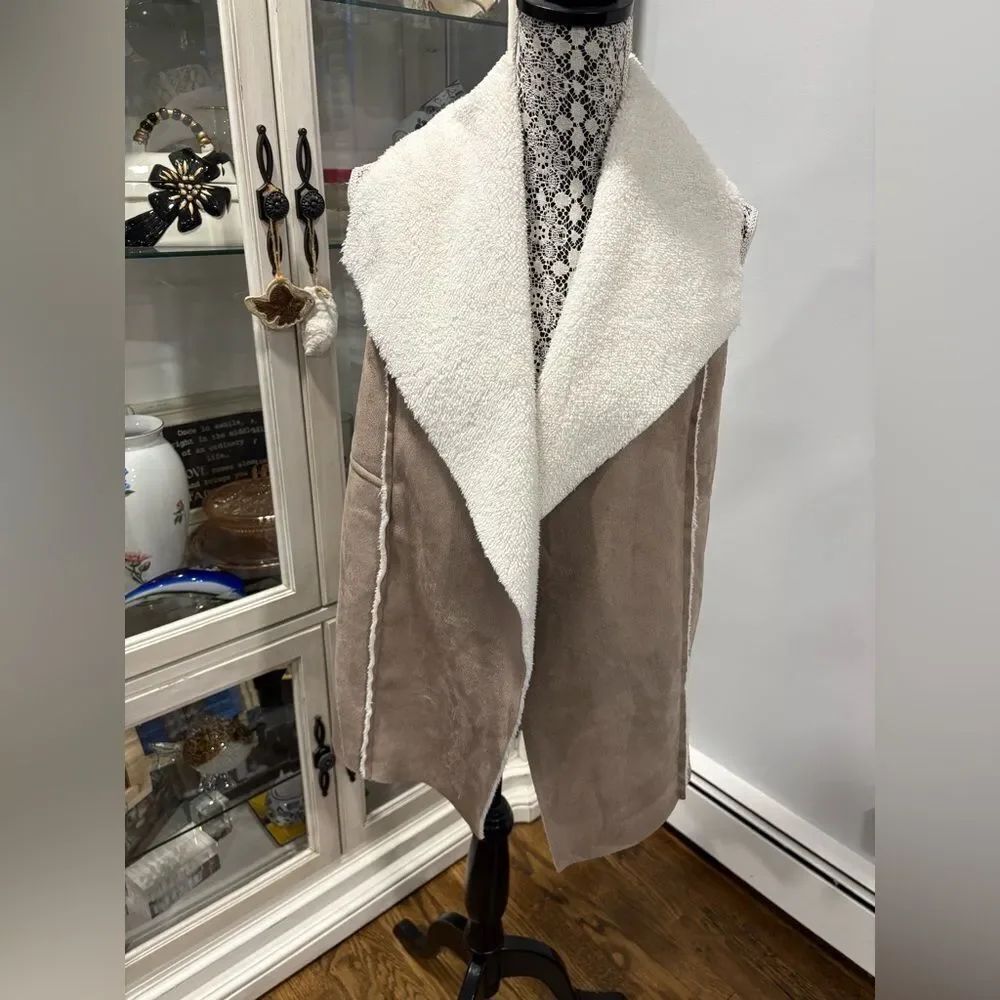 Susina Taupe Suede-Look Vest with Cream Sherpa Collar
